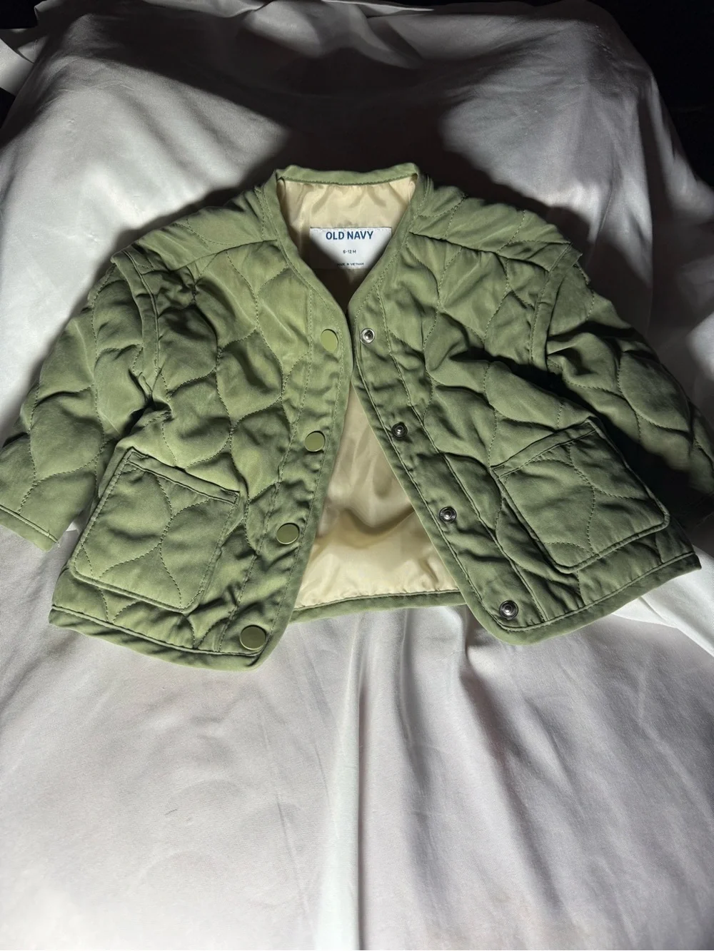 Old Navy Olive Green Quilted Snap-Front Jacket for Baby- 6-12mo